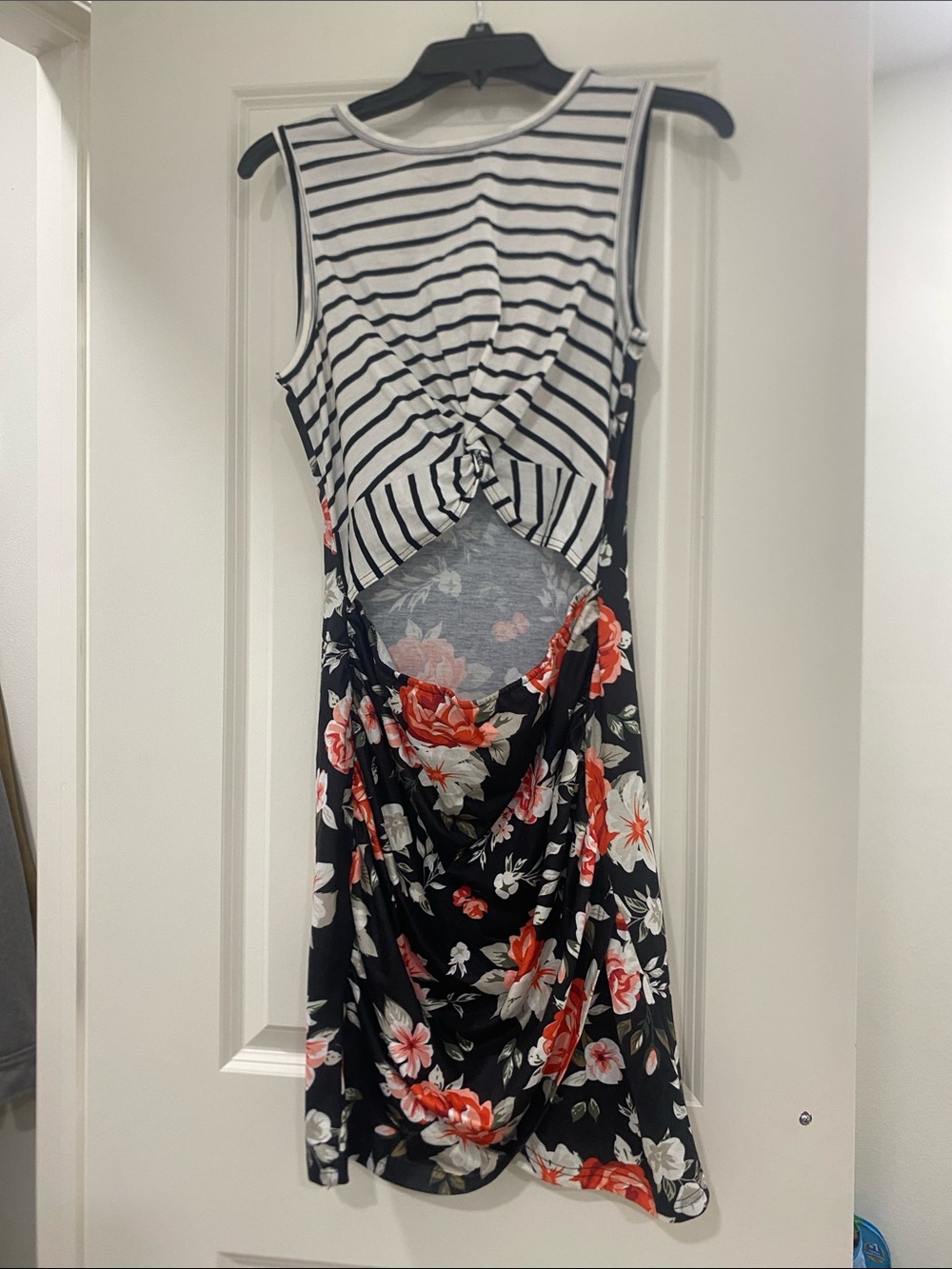 Striped Knot Front Floral Mix Dress - Black, White & Red Floral